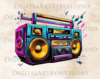 May include: A blue and pink boombox with gold speakers and a cassette tape player. The boombox has a handle on top and is surrounded by colorful abstract shapes.