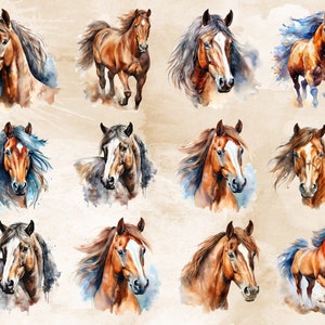 Pode incluir: Uma colagem digital de dez pinturas de aquarela de cavalos. Os cavalos s&atilde;o castanhos com marcas brancas e t&ecirc;m crinas e caudas esvoa&ccedil;antes. As pinturas est&atilde;o sobre um fundo bege.