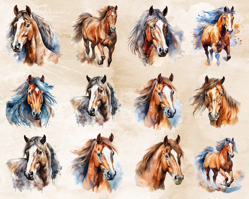 Pode incluir: Uma colagem digital de dez pinturas de aquarela de cavalos. Os cavalos s&atilde;o castanhos com marcas brancas e t&ecirc;m crinas e caudas esvoa&ccedil;antes. As pinturas est&atilde;o sobre um fundo bege.