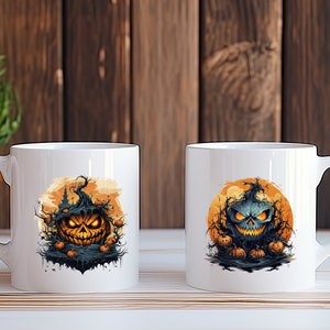 Puede incluir: Dos tazas de cer&aacute;mica blanca con dise&ntilde;os de tem&aacute;tica de Halloween. Una taza presenta una calabaza con una cara espeluznante y un &aacute;rbol oscuro y retorcido, mientras que la otra taza presenta una calabaza azul con un dise&ntilde;o similar.
