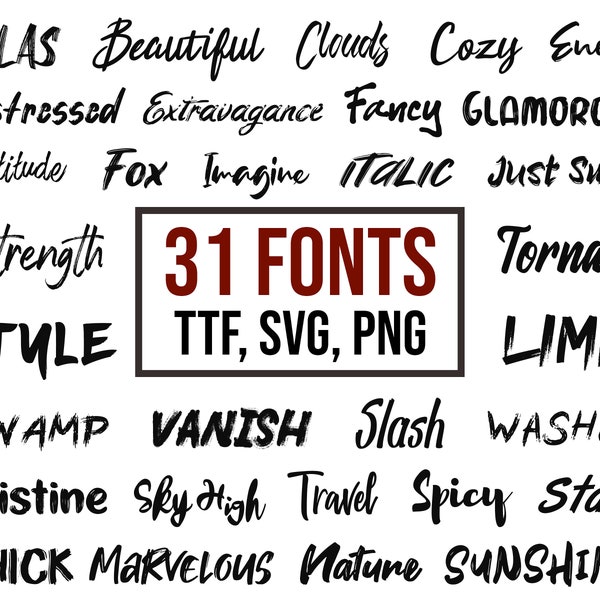 31 Brush Font BUNDLE TTF, SVG, Png, Brush Fonts, Letters and Numbers, Distressed Font, Cricut Fonts, Canva Fonts, Script Fonts, Handwritten