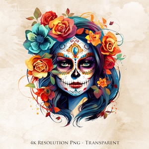 Calavera Catrina Acuarela PNG - Sublimación Dia De Los Muertos, Halloween Mexicano, Calavera De Azúcar, Transparente, Imprimible
