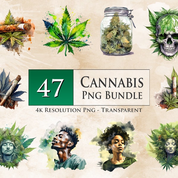 47 Watercolor Cannabis PNG Bundle - Hippie PNG, Smoker Png, Cigar Png, Leaf Png, Weed Png, Marijuana Png, Man, Woman - Digital Download