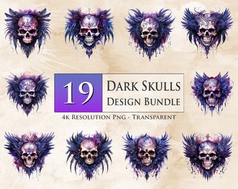 May include: A set of 19 digital illustrations of dark skulls with purple and blue wings. The skulls are surrounded by intricate designs and have a watercolor effect. The text "DARK SKULLS DESIGN BUNDLE" is displayed in the center of the image. 4K resolution PNG - TRANSPARENT.