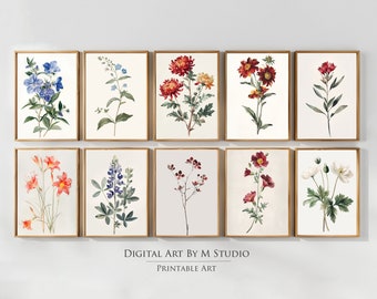 Vintage Botanical Gallery Set - Country Farmhouse Printable Artwork, Flower Prints, Set of 10 - GA10 - Printable Digital Download