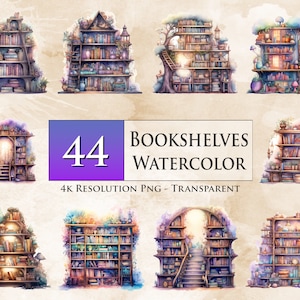 44 Fantasy Bookshelves Watercolor PNG Bundle, Bookshelf PNG, Book PNG, Scrapbook, Paper Crafts, Printable, Transparent - Instant Download