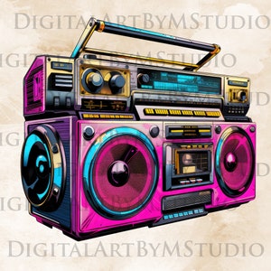 Boombox PNG, jaren '80 clipart, hiphop, Boom Box clipart, retro PNG, Boombox, Boombox kunst, retro illustraties, sublimatie-digitale download