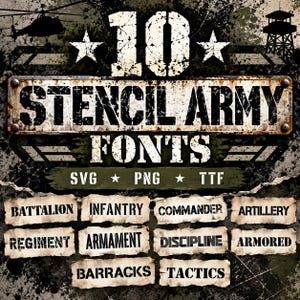 10 Stencil Army Fonts Bundle Otf/Ttf, SVG, PNG - Army Font - Fonts for Cricut, Canva & Silhouette - Digital Download