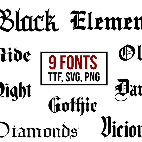 9 Gothic Schrift BUNDLE TTF, SVG, Png, Buchstaben und Zahlen, Englische Schriftarten, Cricut Schriftarten, Canva Schriftarten, Old English Font