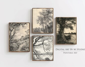 Set of 4 Vintage Prints - Vintage Drawings, Neutral Art Prints, Antique Wall Art, Minimalist Artwork - GA19 - Digital Download