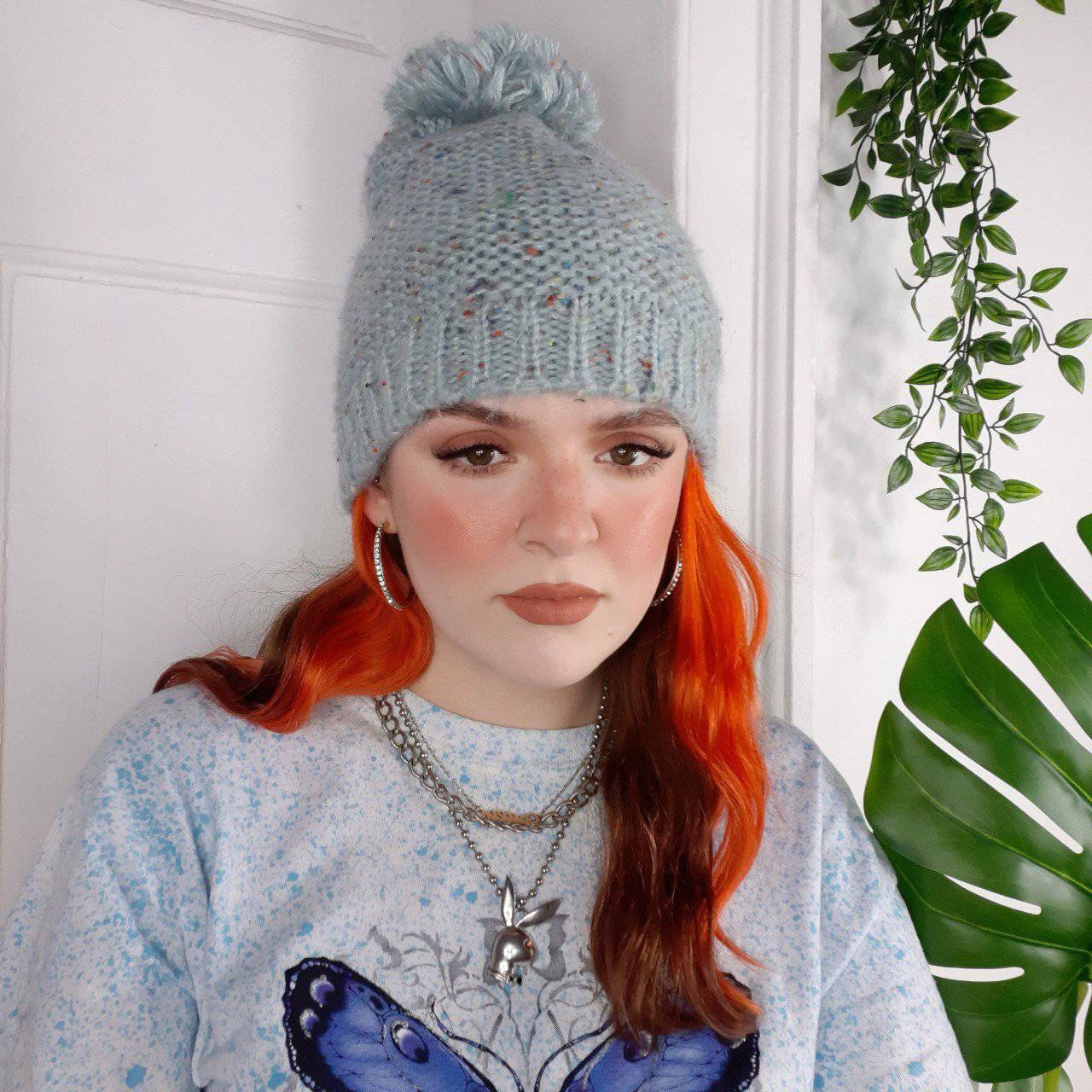 Vintage Blue Knitted Beanie Hat With 