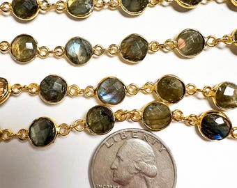 Labradorite Faceted Stone Chain, Natural Labradorite Coin Bezel Connector Link Chain - Labradorite Stations. [CH3688ELAB]
