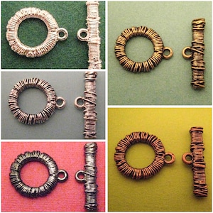 May include: Four sets of silver, gold, pewter, and copper wire wrapped toggle clasps. Each set includes a round ring and a bar with a loop. The clasps are perfect for jewelry making.