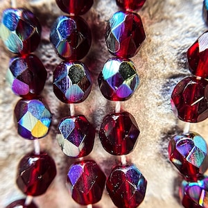 5mm, Czech Glass Beads, Ruby AB - Fire Polished Beads, Strand of 25 Beads, Round Faceted. Vintage Glass Beads. [Czech 168].