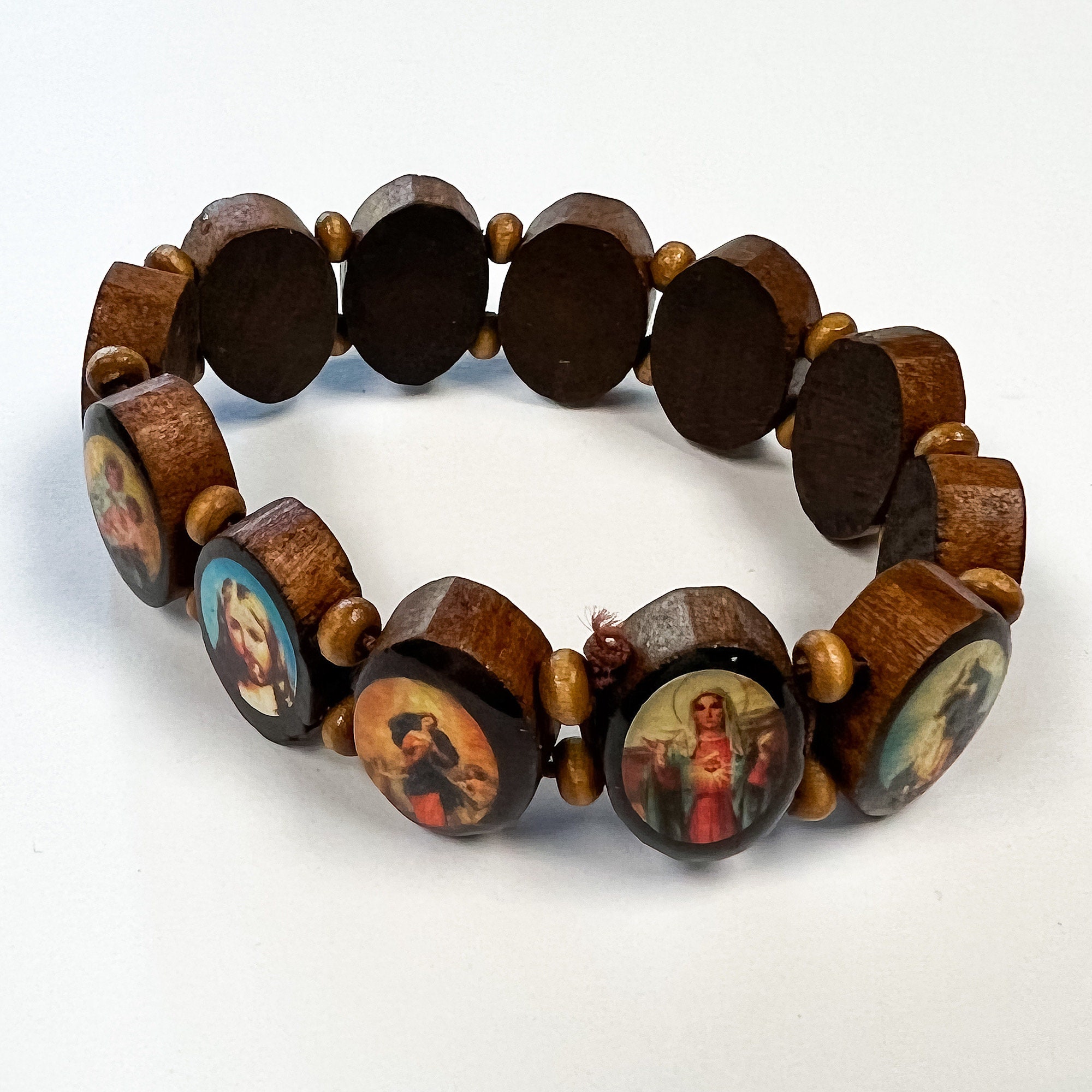 Saints Stretch Bracelet Brown Wood Bead Spacers Catholic Religious Figures