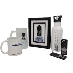 Personalised Police Presentation Glazed Inlay Frame. Black epaulette design with tank marking and shoulder number.  Personalised plaques based on thin blue line design for celebration, recruits and retirements
