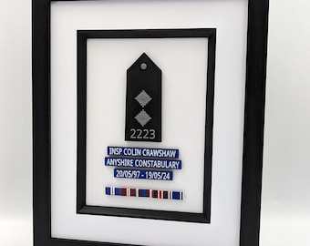 Personalised Police Epaulette Presentation Frame – Custom Rank Display Gift with Plaques & Medal Bar for Retirement or Promotion