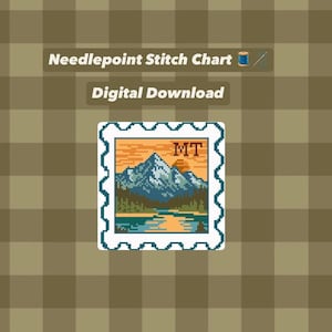 May include: Needlepoint stitch chart digital download featuring a pixelated mountain landscape with the letters "MT" on a postage stamp design. The background is a plaid pattern in shades of brown and tan.