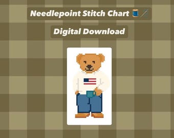 Peut inclure: Un diagramme de point de croix numérique avec un ours en peluche pixélisé portant un pull blanc avec un drapeau américain, un jean bleu et des chaussures marron. Le texte indique "Needlepoint Stitch Chart" et "Digital Download".