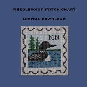 May include: A digital download needlepoint stitch chart. The design features a loon swimming in a lake with pine trees and the letters "MN" in a postage stamp style frame. The background is blue.