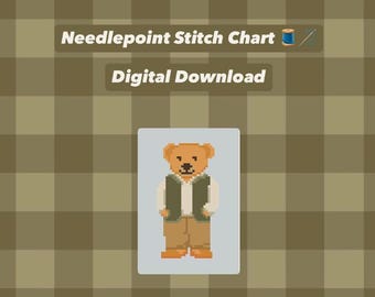 Peut inclure: Un diagramme de point de croix numérique avec un ours en peluche pixélisé portant un gilet vert et un pantalon marron. Le texte "Needlepoint Stitch Chart" et "Digital Download" est affiché sur un fond à carreaux.