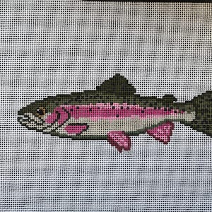 May include: Needlepoint canvas featuring a colorful trout. The fish is rendered in shades of green, pink, and white, with detailed fins and scales. The background is a white, open-weave fabric, perfect for stitching a fishing-themed project.