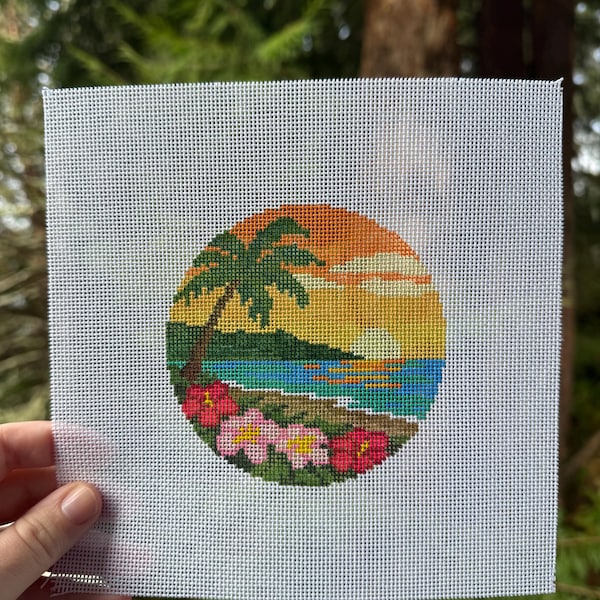Hawaii Vacation Round Needlepoint Canvas 18 Mesh Hand Painted