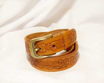 Carved leather belt, Bohemian leather belt, Handmade Full Cowhide-Choose from several leather and hardware options of different lengths