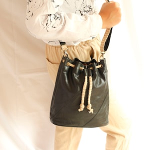 Personalized Black Leather Bucket Bag: Custom Drawstring Barcha Bag