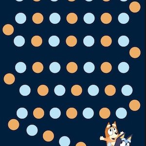 Puede incluir: Un gráfico de recompensas azul marino con círculos celeste y naranja dispuestos en filas. Las palabras "I Earned" están en la parte inferior, con una línea para escribir. Personajes de dibujos animados en la parte inferior derecha.