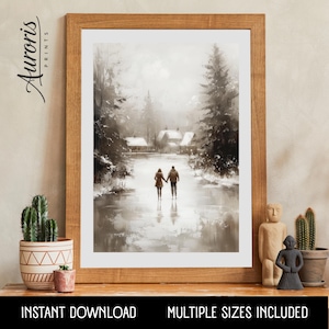 Vintage Ice Skating Couple Painting ~ Romantic Printable Skating Artwork ~ Rustic Christmas Ice Skating Painting ~ Winter Country Decor