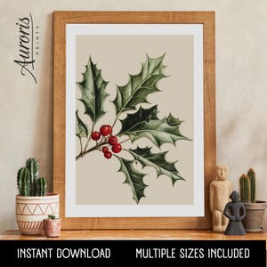 Christmas Holly Botanical Printable ~ Holiday Mistletoe Holly Downloadable ~ Festive Winter Plant Art ~ Neutral Xmas Floral Print