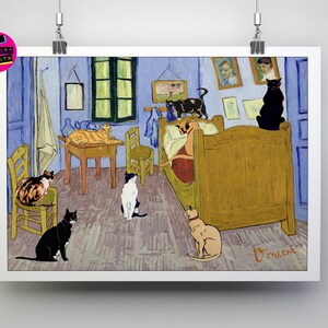Könnte beinhalten: Ein Gemälde, das ein Schlafzimmer mit einem Bett, einem Fenster und mehreren Katzen zeigt. Die Katzen sind in verschiedenen Farben, darunter schwarz, weiß, orange und braun. Das Gemälde ist in einem Stil ähnlich dem von Vincent van Gogh. Die Signatur "Vincent" ist in der rechten unteren Ecke sichtbar.