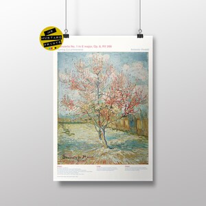 May include: A painting of a blossoming pink almond tree in a field, with a blue sky and white clouds in the background. The painting is titled "Souvenir de Ma" and is by Vincent van Gogh. The text "Concerto No. 1 in E major, Op. 8, RV 269 Spring (La primavera)" and "Antonio Vivaldi" are also included in the image.