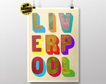 Kunstdruck von “Livercover” / England Map: Vintage Typografie Souvenir