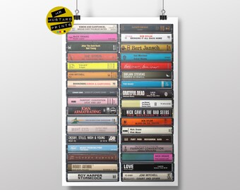 May include: A white background with a collage of cassette tapes featuring various artists and album titles. The tapes are arranged in rows and columns, creating a visual representation of a music collection.