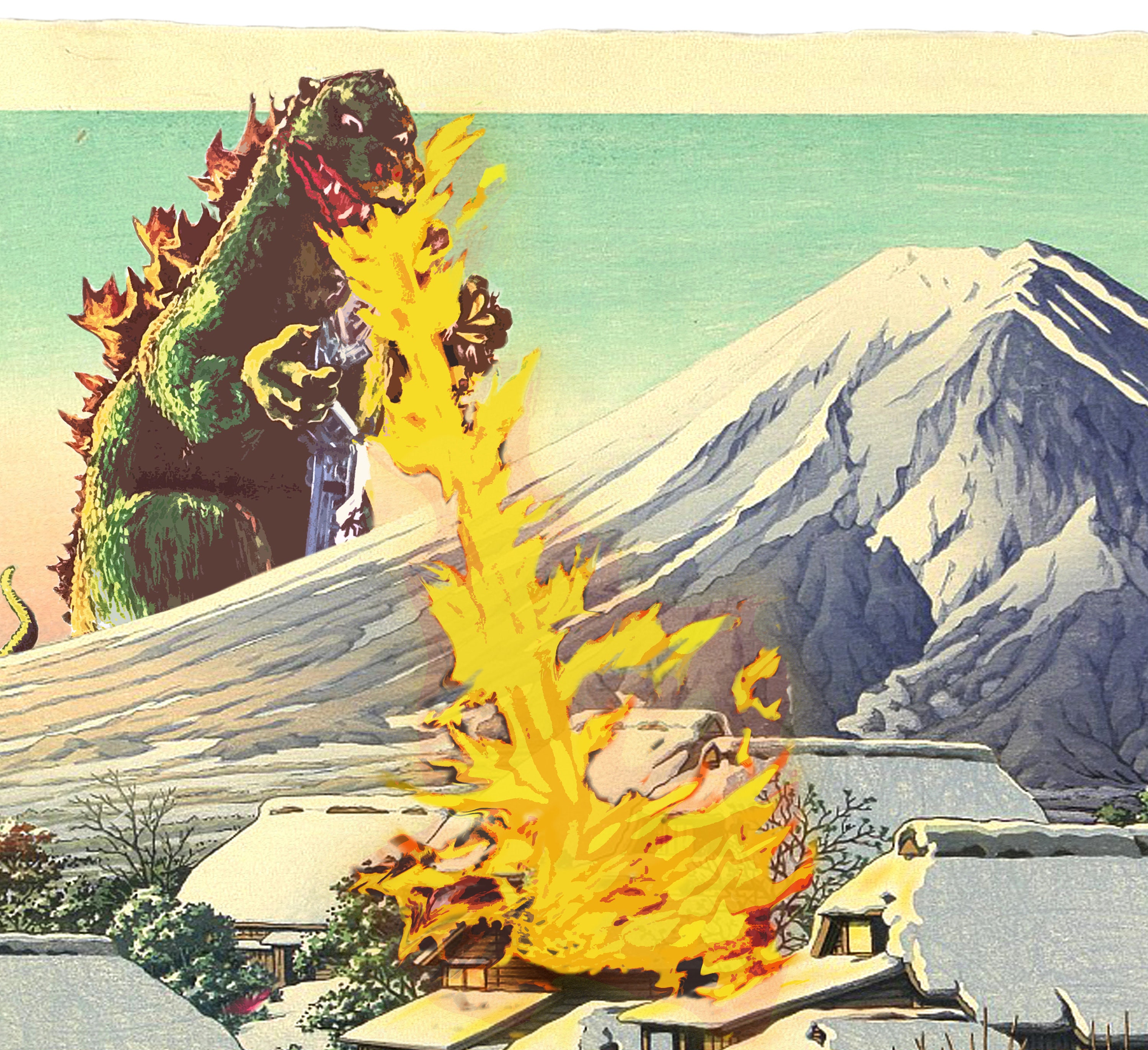 ゴジラが村を攻撃、日本の版画マッシュアップ、浮世絵プリント 