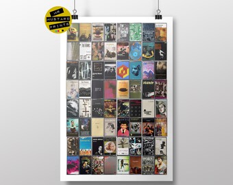 Könnte beinhalten: Eine Collage aus 64 Kassettenhüllen mit einer Vielzahl von Musikgenres, Künstlern und Albumtiteln. Die Hüllen sind in einem Raster angeordnet, wobei jede Hülle ein einzigartiges Design und eine einzigartige Farbgebung aufweist.