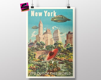 New York Spoof Travel Print, UFO Poster, New York Gift, Central Park, Aliens Gift