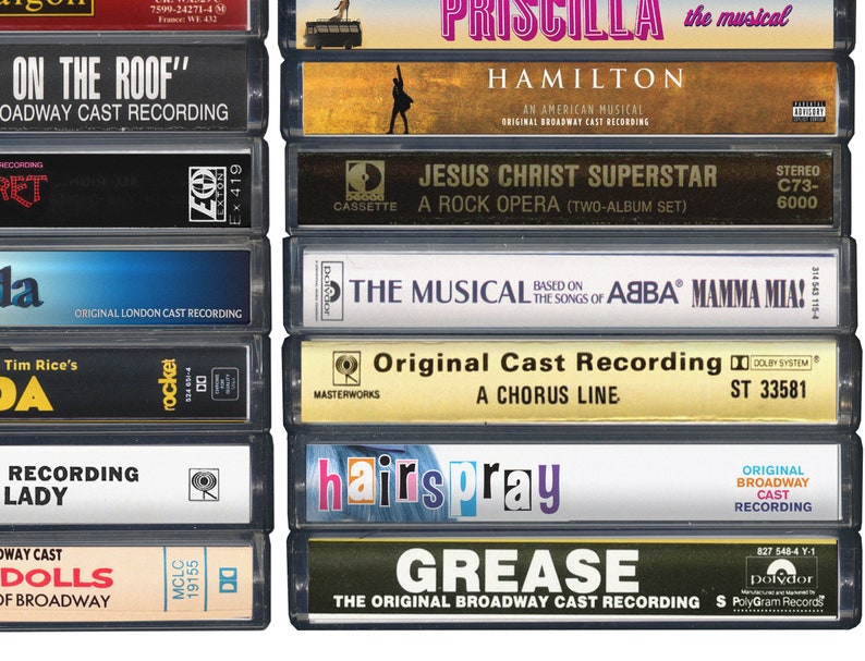 May include: A collection of vintage audio cassette tapes featuring Broadway show soundtracks, including "On the Roof", "Jesus Christ Superstar", "Mamma Mia!" and "Grease".