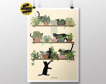 Cats and Potted Plants Art Print: Whimsical Cat Lover Gift