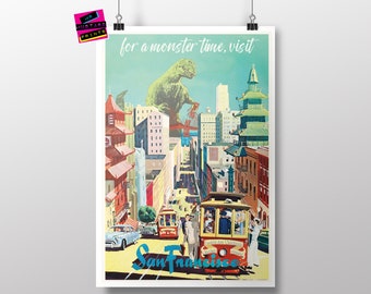 San Francisco Kaiju Travel Poster: Vintage Gojira Art Print