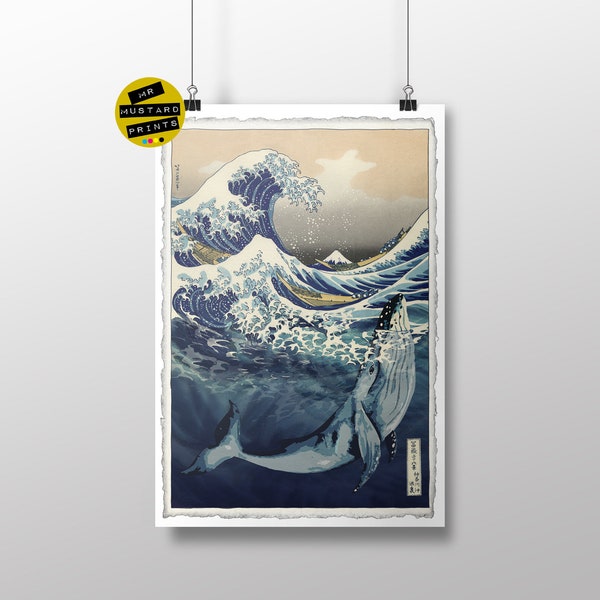 Great Wave with a Whale Print, Japanese Print Mashup, Bathroom Art, Parody Print, Whale Art, Whale Print, Coastal Art, Coastal Print