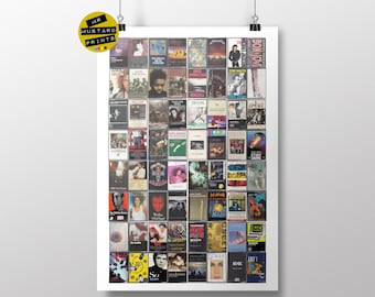 May include: A collage of cassette tapes featuring various artists and album covers. The tapes are arranged in a grid pattern and include titles such as "Kick", "Nebraska", "Green", "Avalon", and "So".