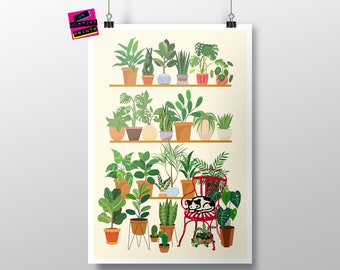 May include: A digital illustration of a wall with multiple shelves filled with potted plants. A red chair with a black and white cat sitting on it is in the bottom right corner of the image.