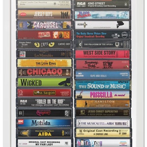 May include: A collection of vintage cassette tapes featuring the original Broadway cast recordings of popular musicals, including "Hello, Dolly!" "The Producers", "42nd Street", "Blood Brothers", "Mormon", "Rent", "Cats", "The Phantom of the Opera", "West Side Story", "Sweeney Todd", "Guys and Dolls", "The Sound of Music", "Priscilla", "Hamilton", "Jesus Christ Superstar", "The Musical: The Songs of ABBA", "Mamma Mia!", "A Chorus Line", "Hairspray", and "Grease".