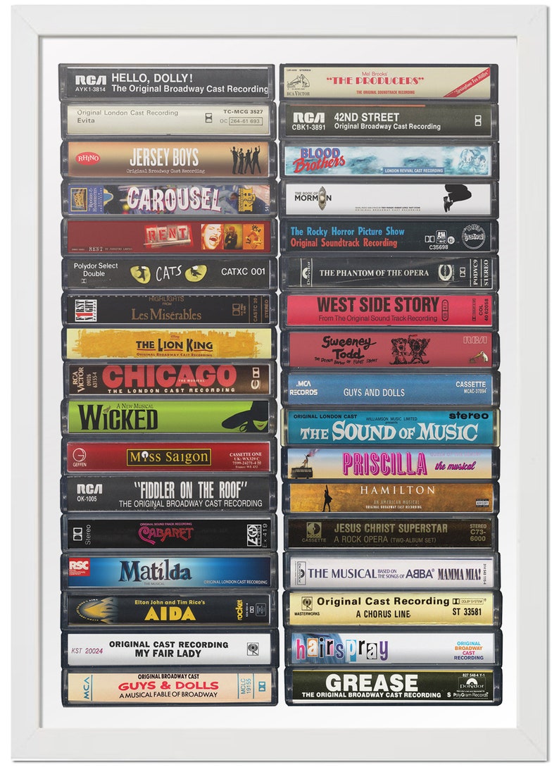 May include: A collection of vintage cassette tapes featuring the original Broadway cast recordings of popular musicals, including "Hello, Dolly!" "The Producers", "42nd Street", "Blood Brothers", "Mormon", "Rent", "Cats", "The Phantom of the Opera", "West Side Story", "Sweeney Todd", "Guys and Dolls", "The Sound of Music", "Priscilla", "Hamilton", "Jesus Christ Superstar", "The Musical: The Songs of ABBA", "Mamma Mia!", "A Chorus Line", "Hairspray", and "Grease".