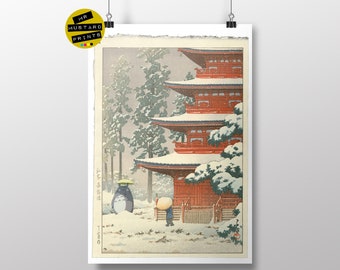 May include: A red and white Japanese pagoda covered in snow with a Totoro character standing in the snow in front of it. The pagoda is surrounded by pine trees and snow.