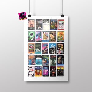 May include: A collage of 25 VHS video cassette covers featuring horror movie titles, including "The Blob", "Re-Animator", "The Thing", "Killer Klowns from Outer Space", "Master of the Flying Guillotine", and "Tremors".