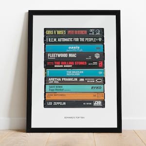 Könnte beinhalten: Ein gerahmter Druck einer Stapel von Kassetten mit den Top-Ten-Alben einer Person namens Edward. Die Kassetten sind von oben nach unten angeordnet: Guns N' Roses, R.E.M., Oasis, Fleetwood Mac, The Rolling Stones, The Beatles, Aretha Franklin, David Bowie, Joni Mitchell und Led Zeppelin.